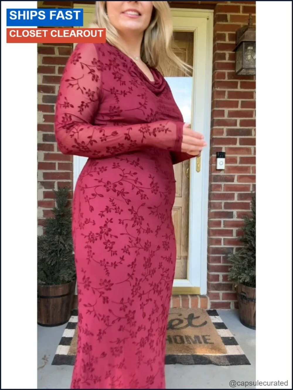 Long Sleeve Floral Bodycon Maxi Dress Cowl Neck Ruched Wedding Guest